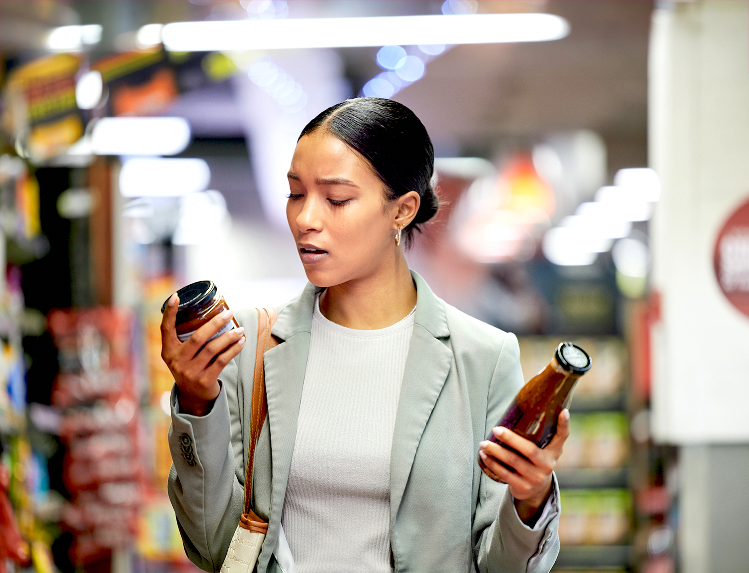 woman reading product labels